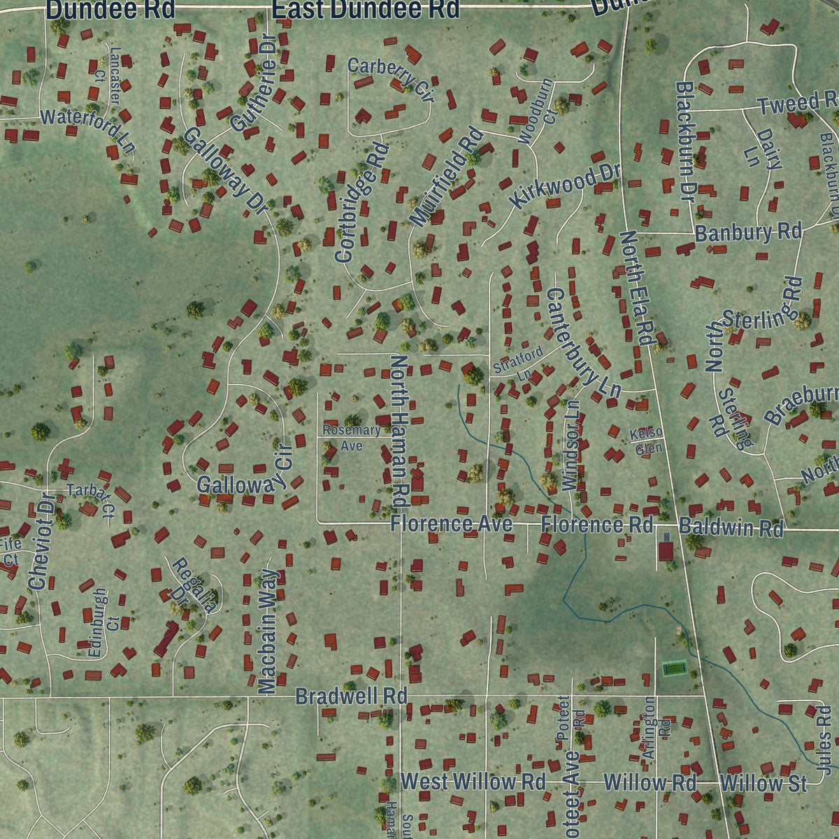 Second close-up of the map of Inverness, Illinois print showing more streets and buildings