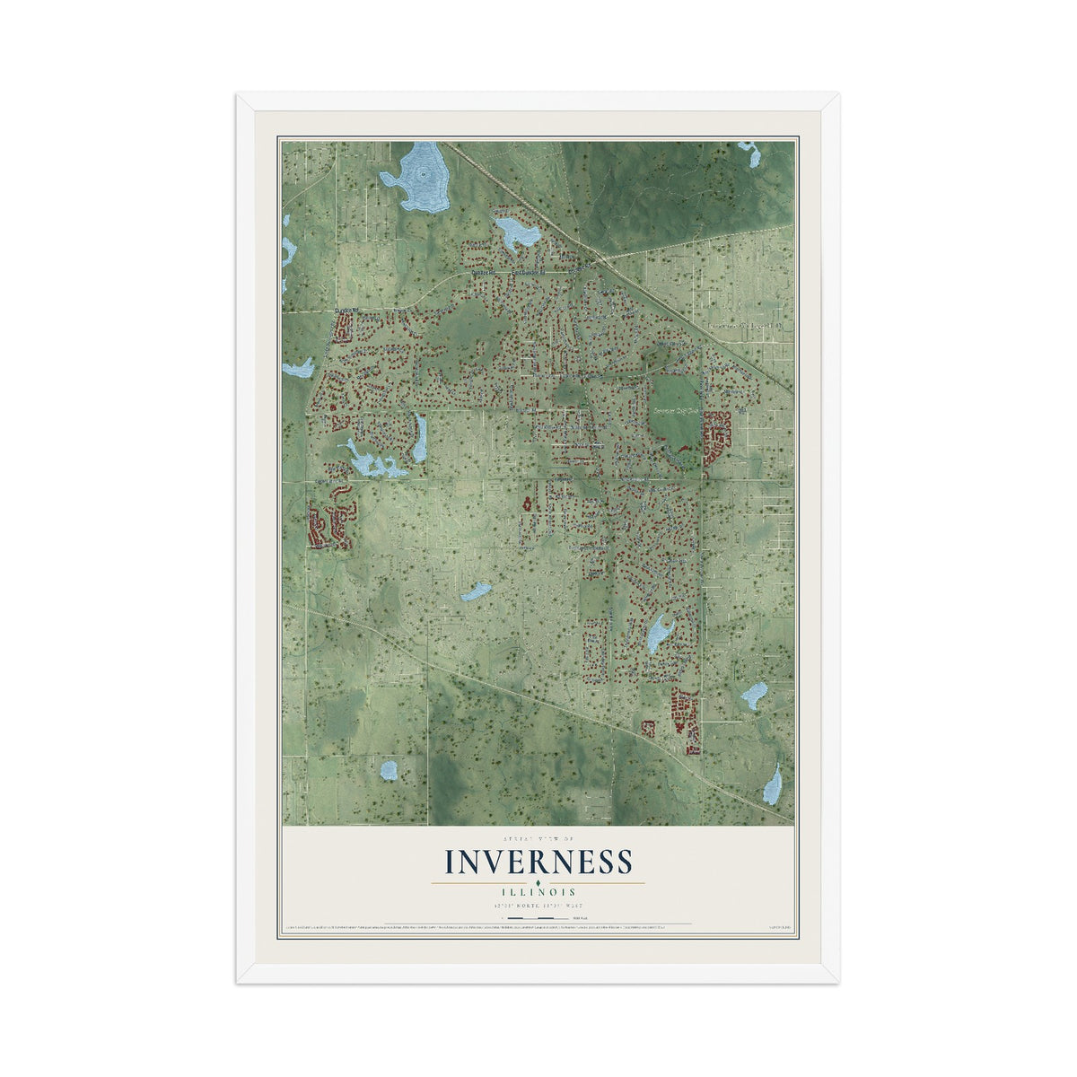 Map of Inverness, Illinois, 12 x 18 inch print in a white wood frame