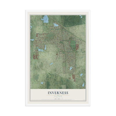 Map of Inverness, Illinois, 12 x 18 inch print in a white wood frame