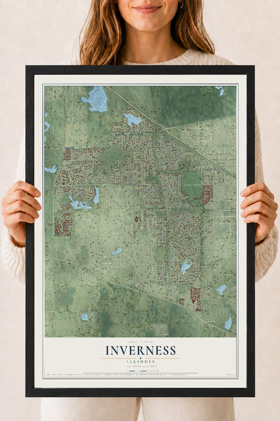 Map of Inverness, Illinois, 18 x 24 inch print in a black wood frame