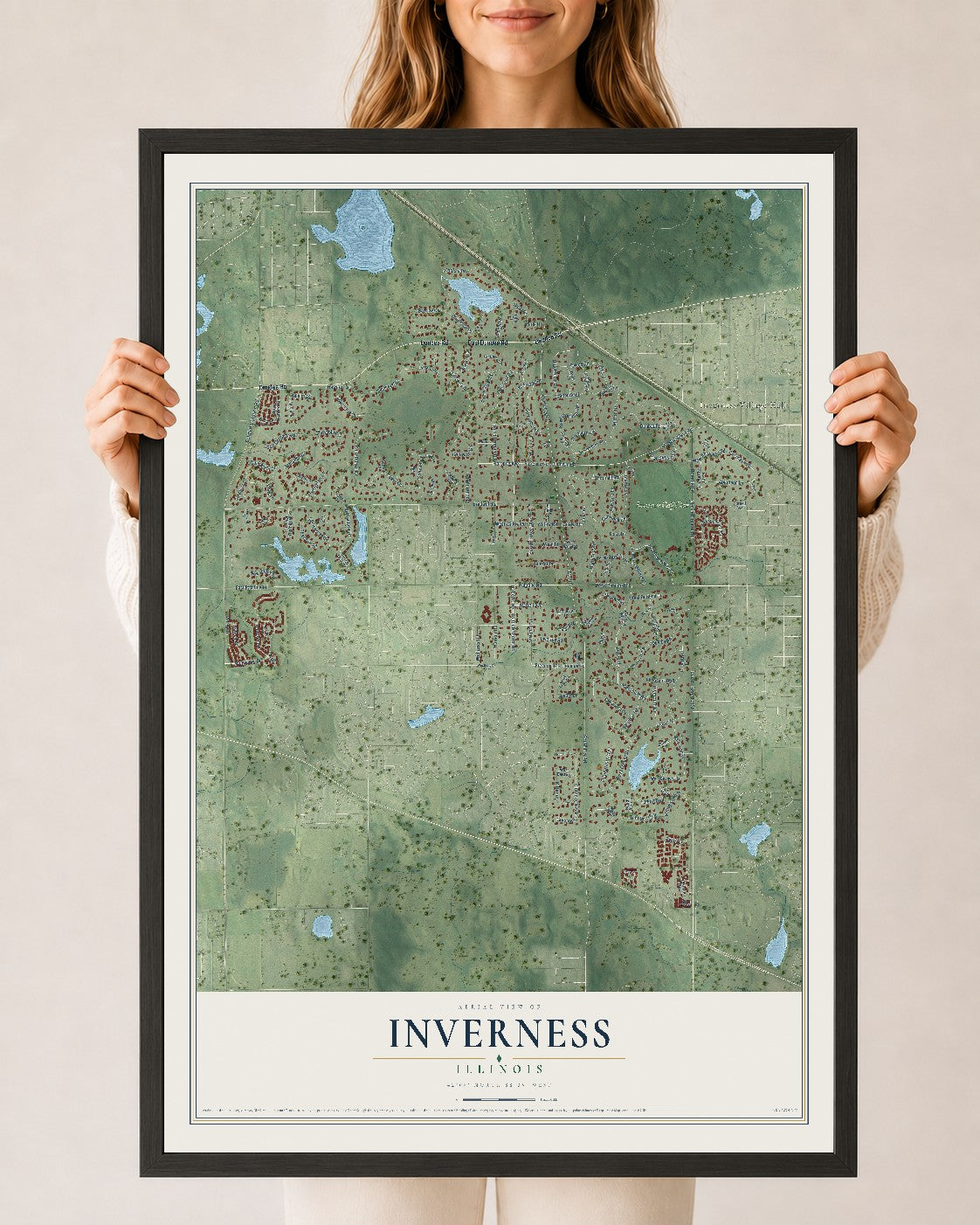 Map of Inverness, Illinois, 24 x 36 inch print in a black wood frame
