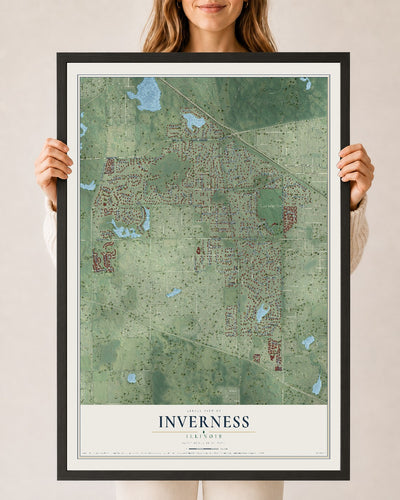 Map of Inverness, Illinois, 24 x 36 inch print in a black wood frame