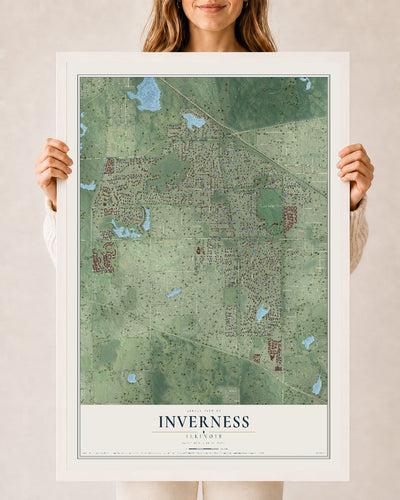 Map of Inverness, Illinois, 24 x 36 inch print in a white wood frame