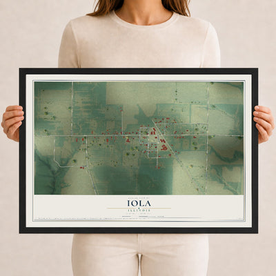 Map of Iola, Illinois, 12 x 18 inch print in a black wood frame