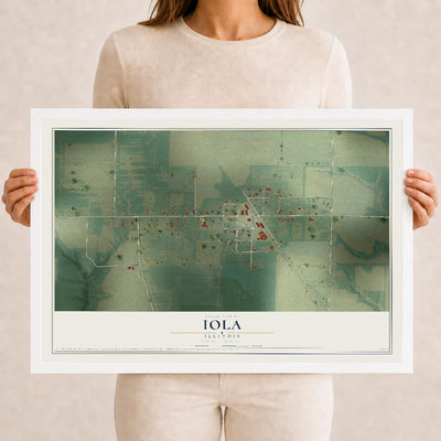 Map of Iola, Illinois, 12 x 18 inch print in a white wood frame