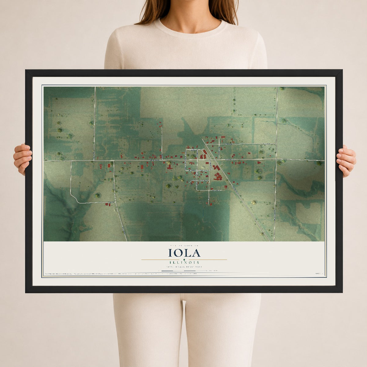 Map of Iola, Illinois, 24 x 36 inch print in a black wood frame