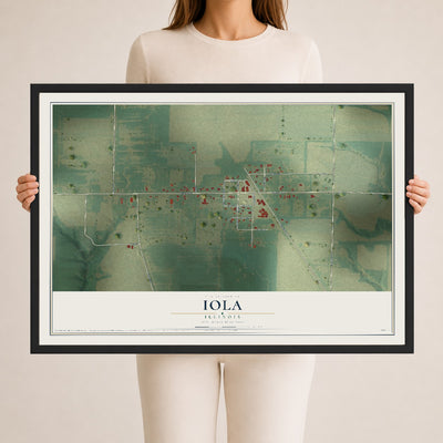 Map of Iola, Illinois, 24 x 36 inch print in a black wood frame