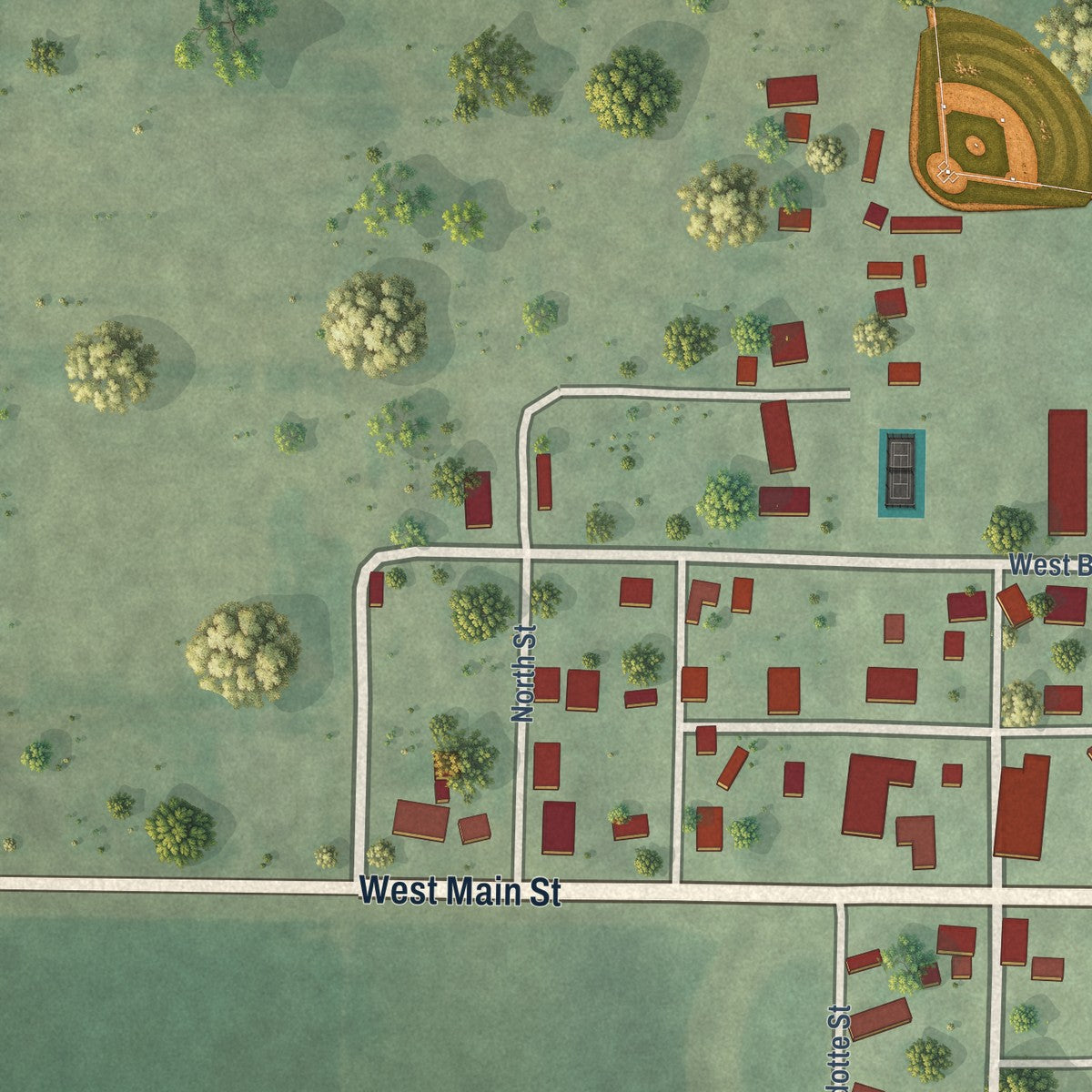 Second close-up of the map of Ipava, Illinois print showing more streets and buildings