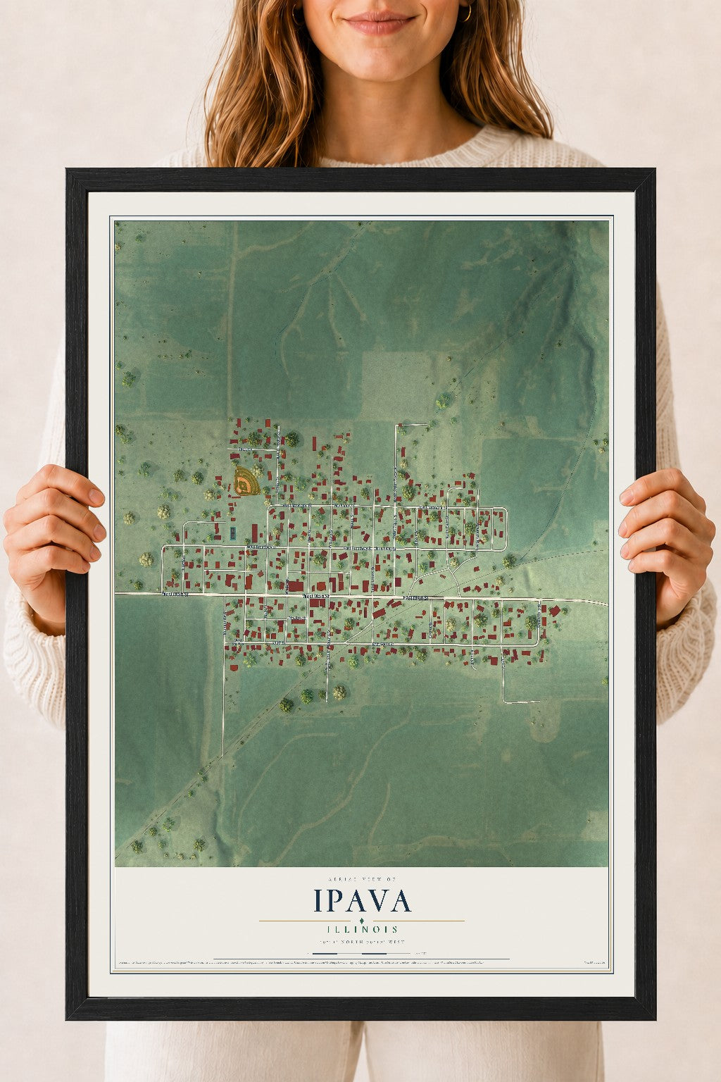 Map of Ipava, Illinois, 18 x 24 inch print in a black wood frame