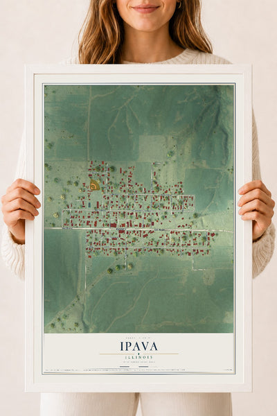 Map of Ipava, Illinois, 18 x 24 inch print in a white wood frame