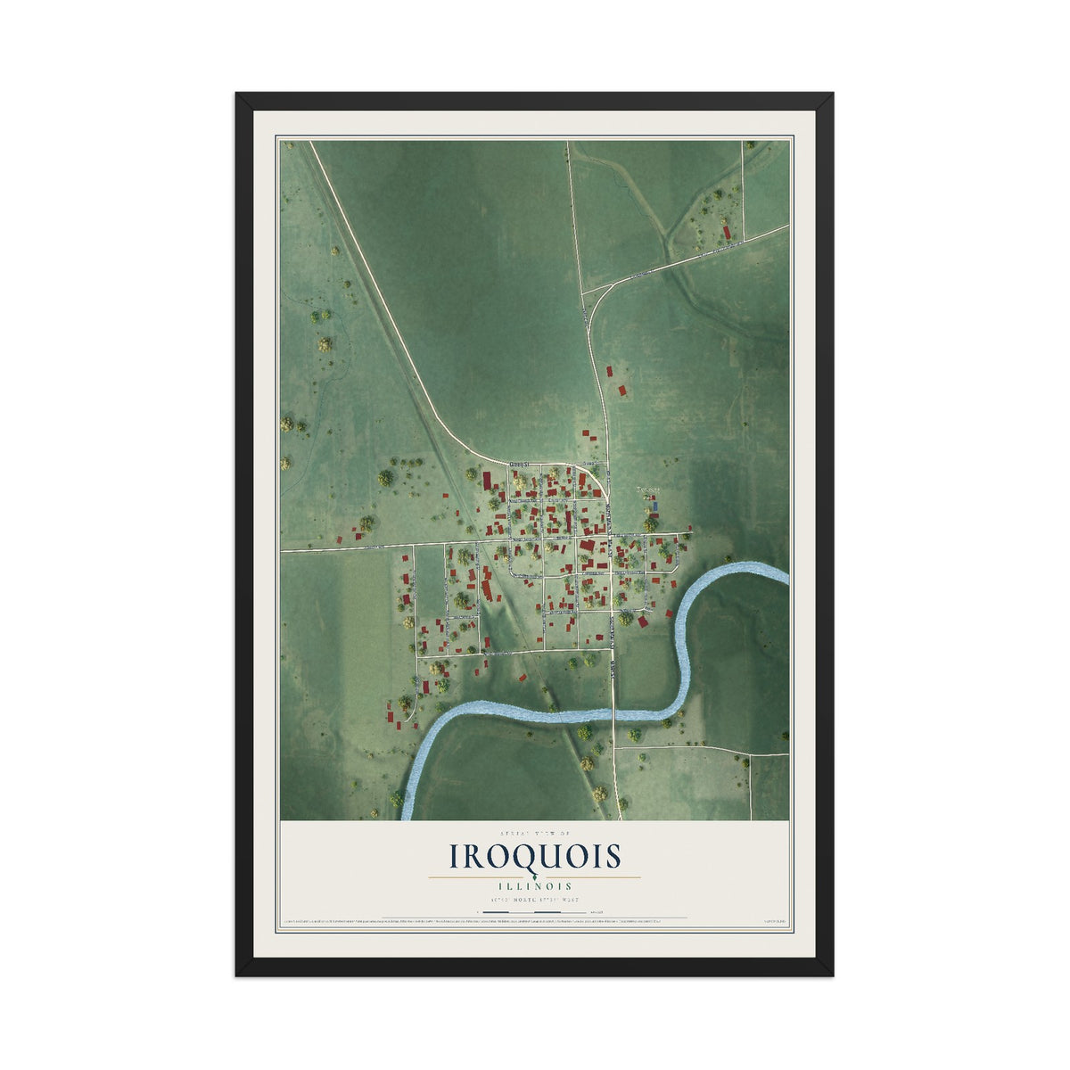 Map of Iroquois, Illinois, 12 x 18 inch print in a black wood frame