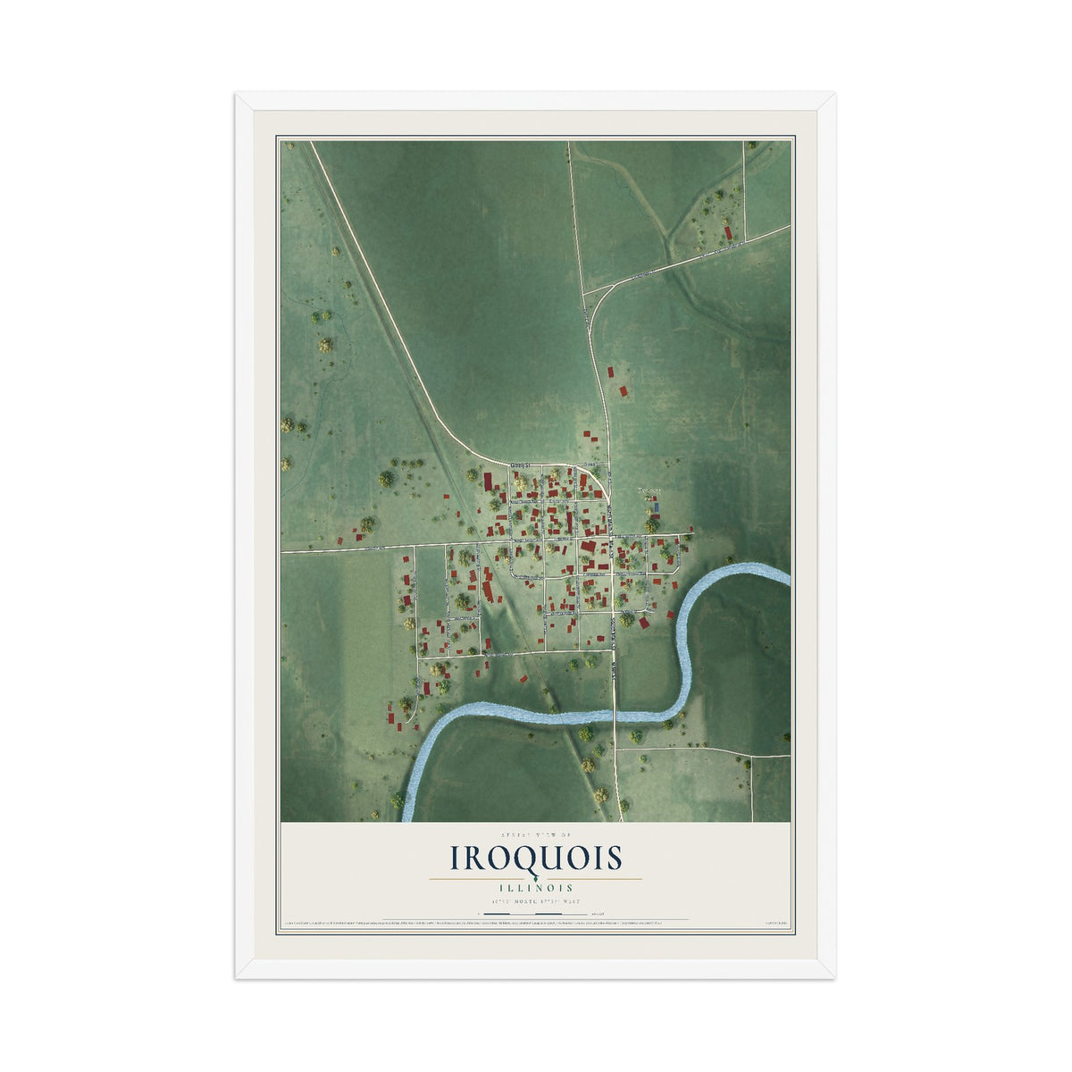 Map of Iroquois, Illinois, 12 x 18 inch print in a white wood frame