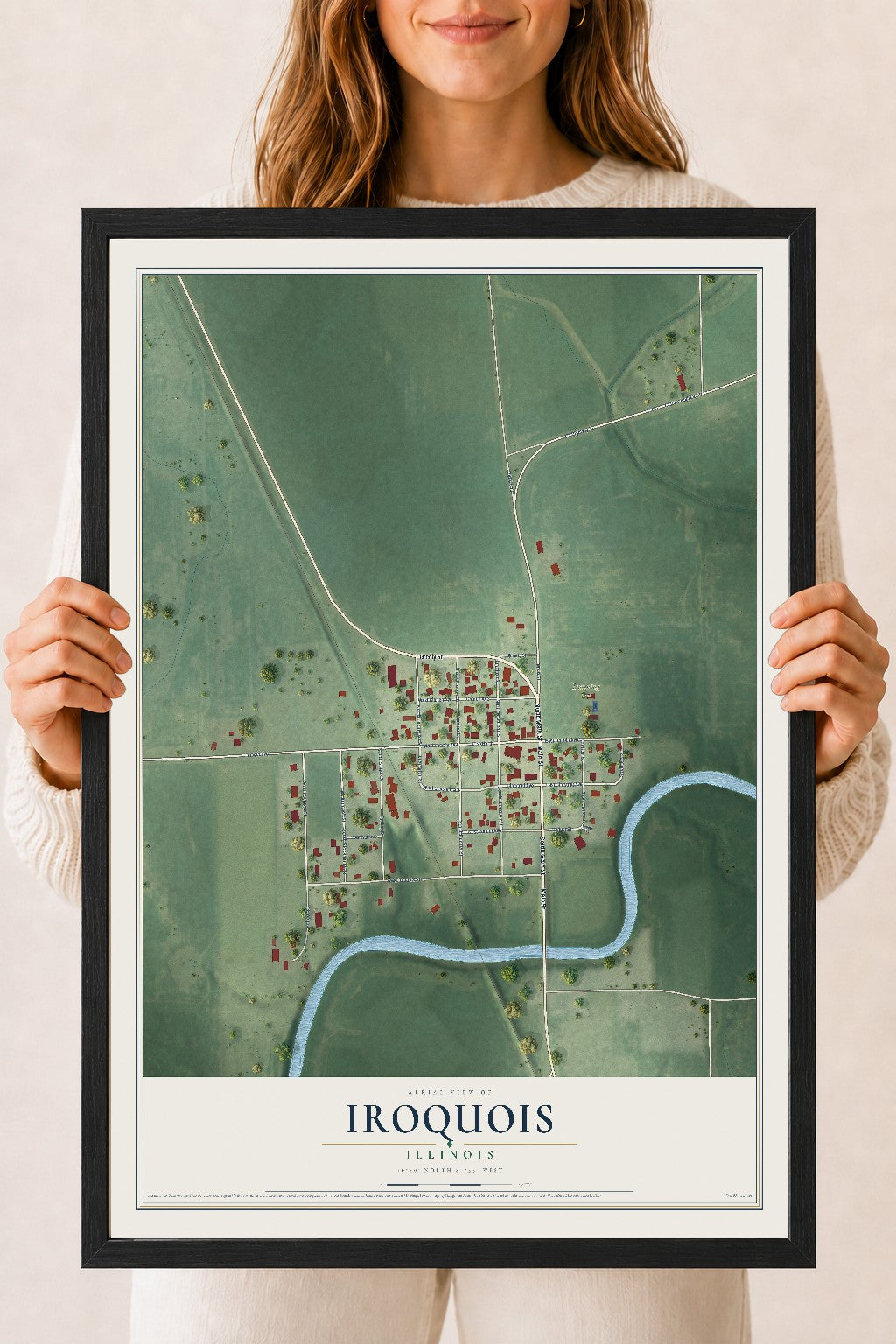Map of Iroquois, Illinois, 18 x 24 inch print in a black wood frame