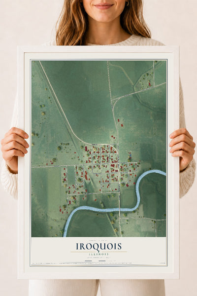 Map of Iroquois, Illinois, 18 x 24 inch print in a white wood frame