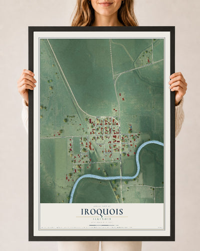 Map of Iroquois, Illinois, 24 x 36 inch print in a black wood frame