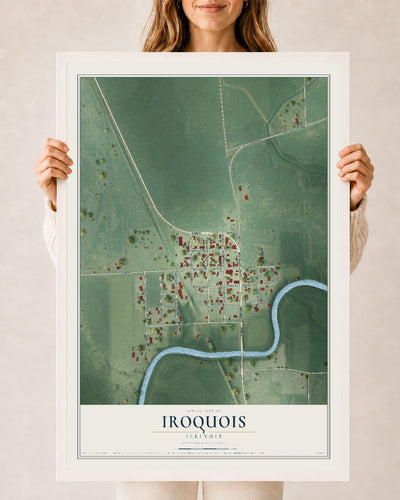 Map of Iroquois, Illinois, 24 x 36 inch print in a white wood frame