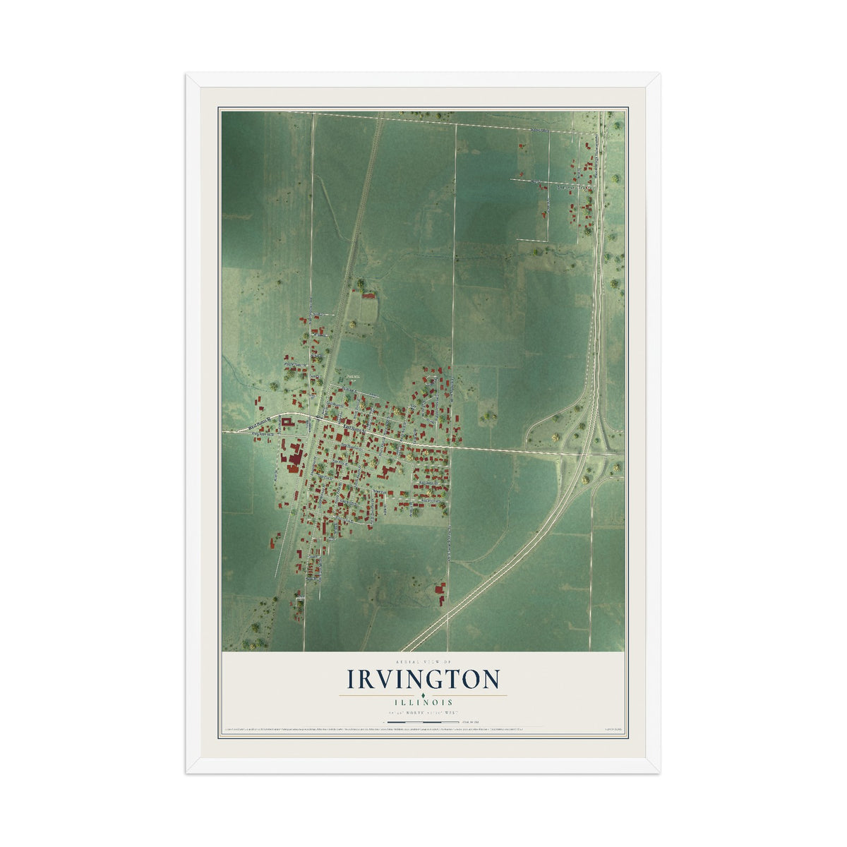 Map of Irvington, Illinois, 12 x 18 inch print in a white wood frame