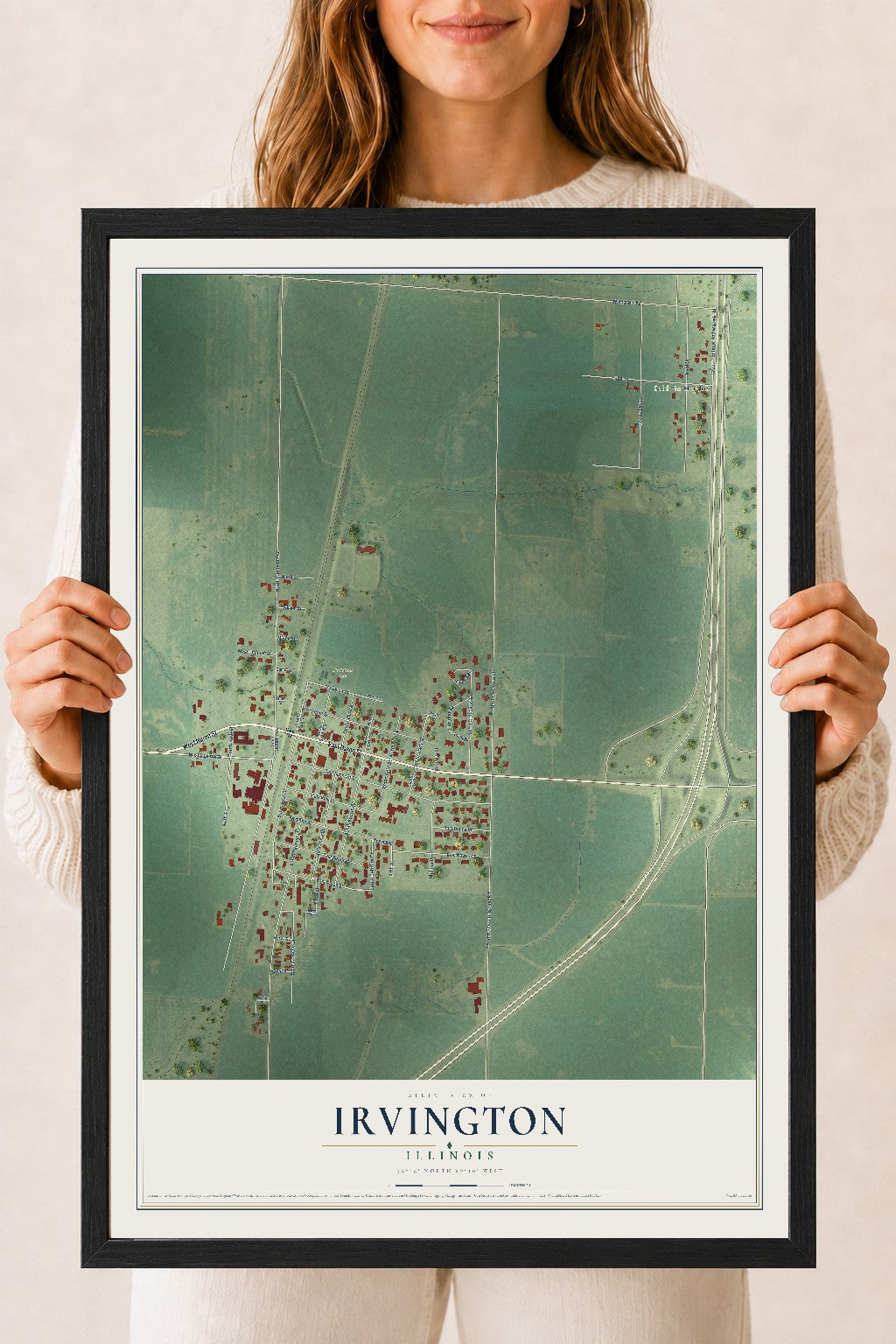 Map of Irvington, Illinois, 18 x 24 inch print in a black wood frame