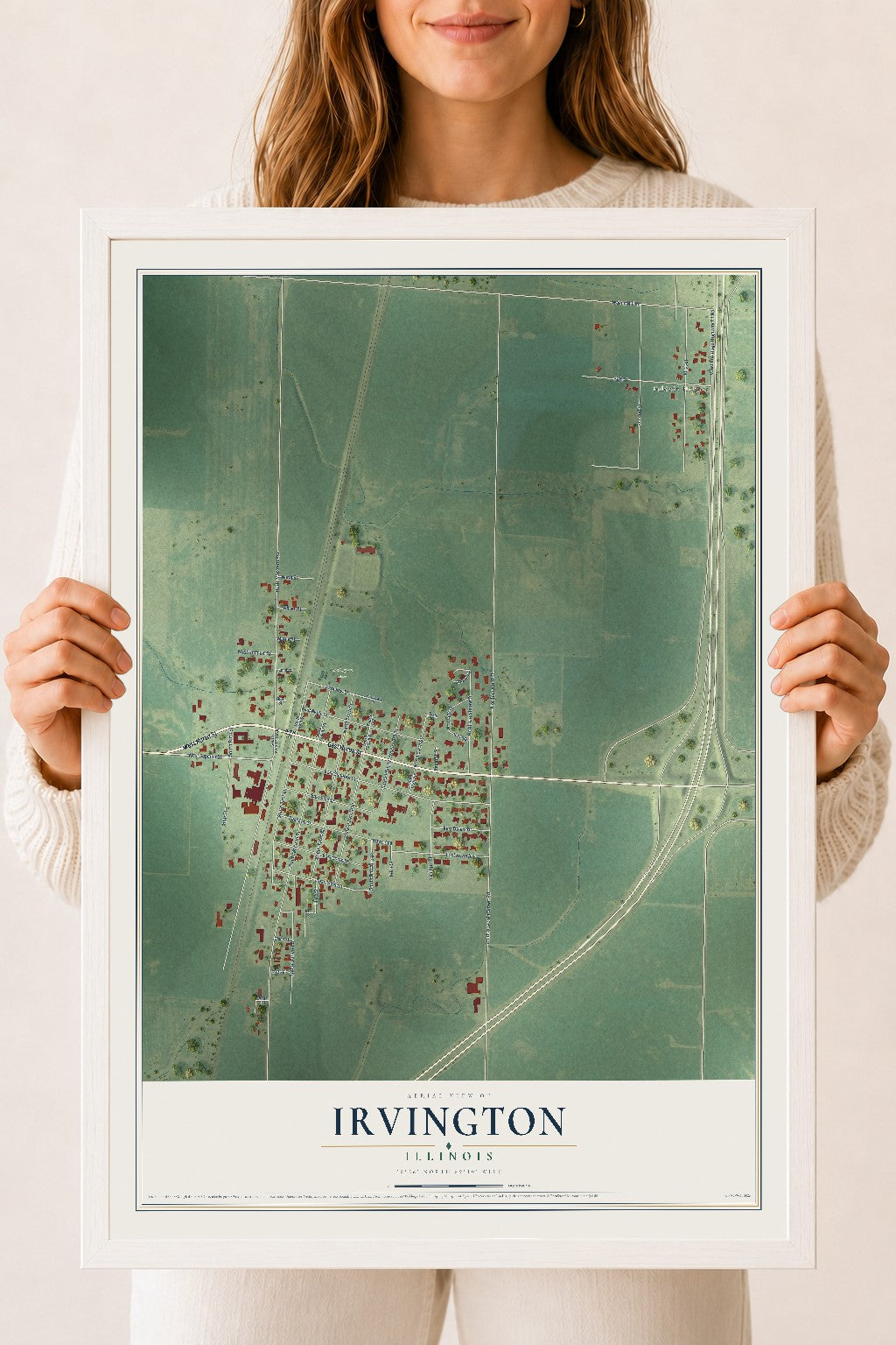 Map of Irvington, Illinois, 18 x 24 inch print in a white wood frame