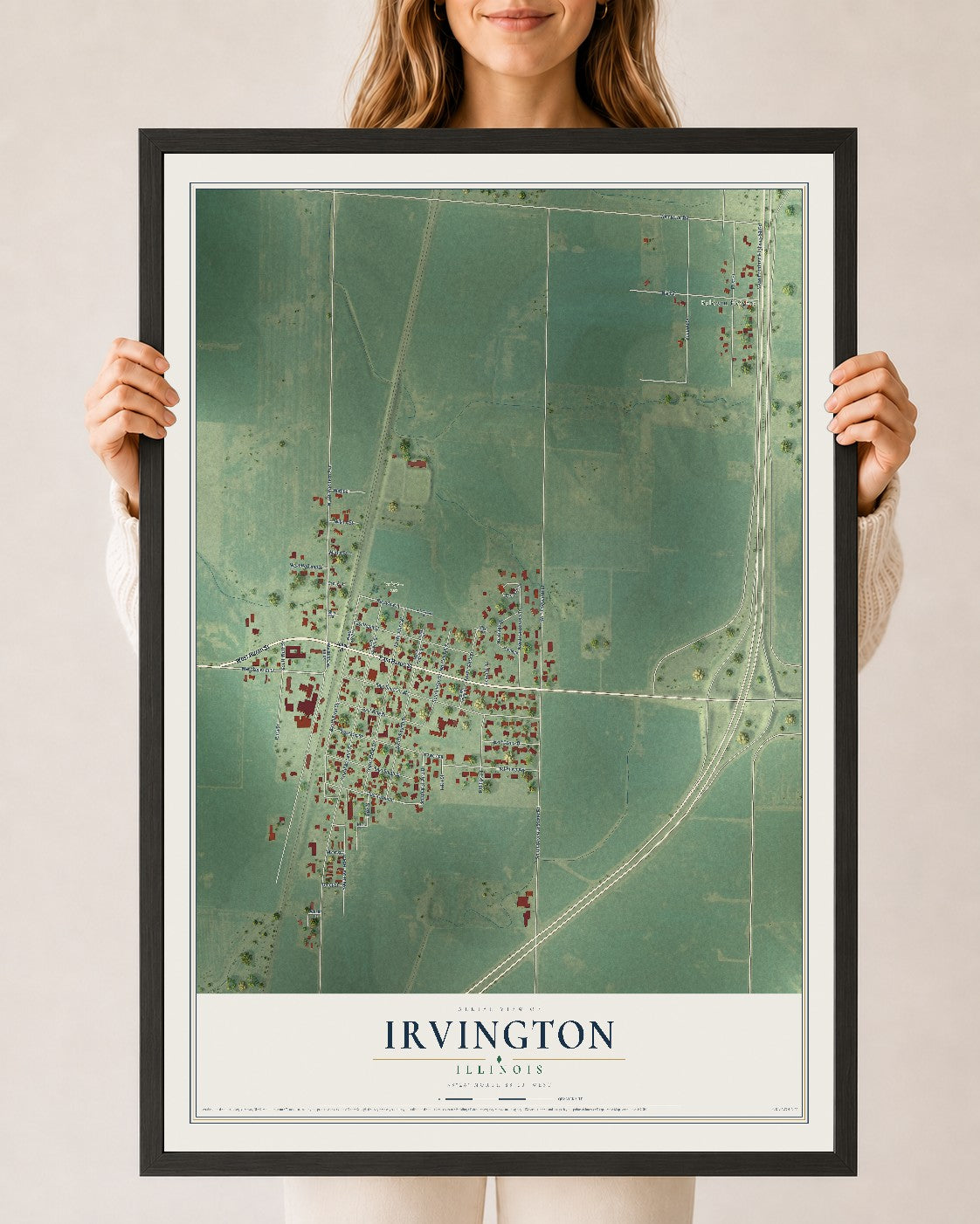 Map of Irvington, Illinois, 24 x 36 inch print in a black wood frame