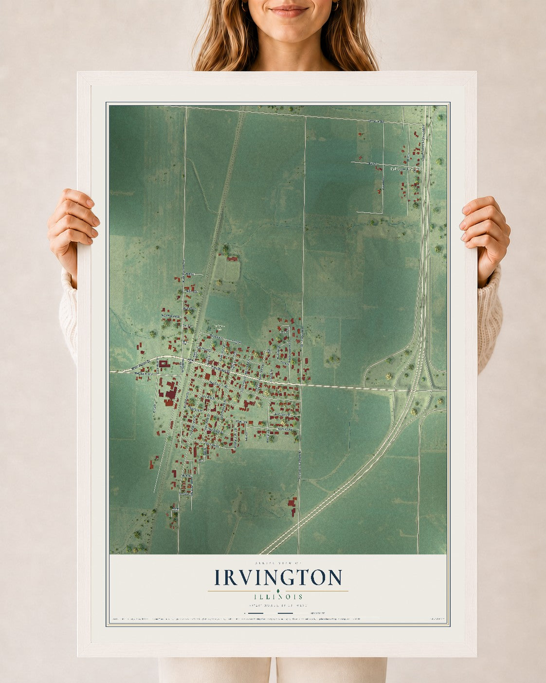 Map of Irvington, Illinois, 24 x 36 inch print in a white wood frame