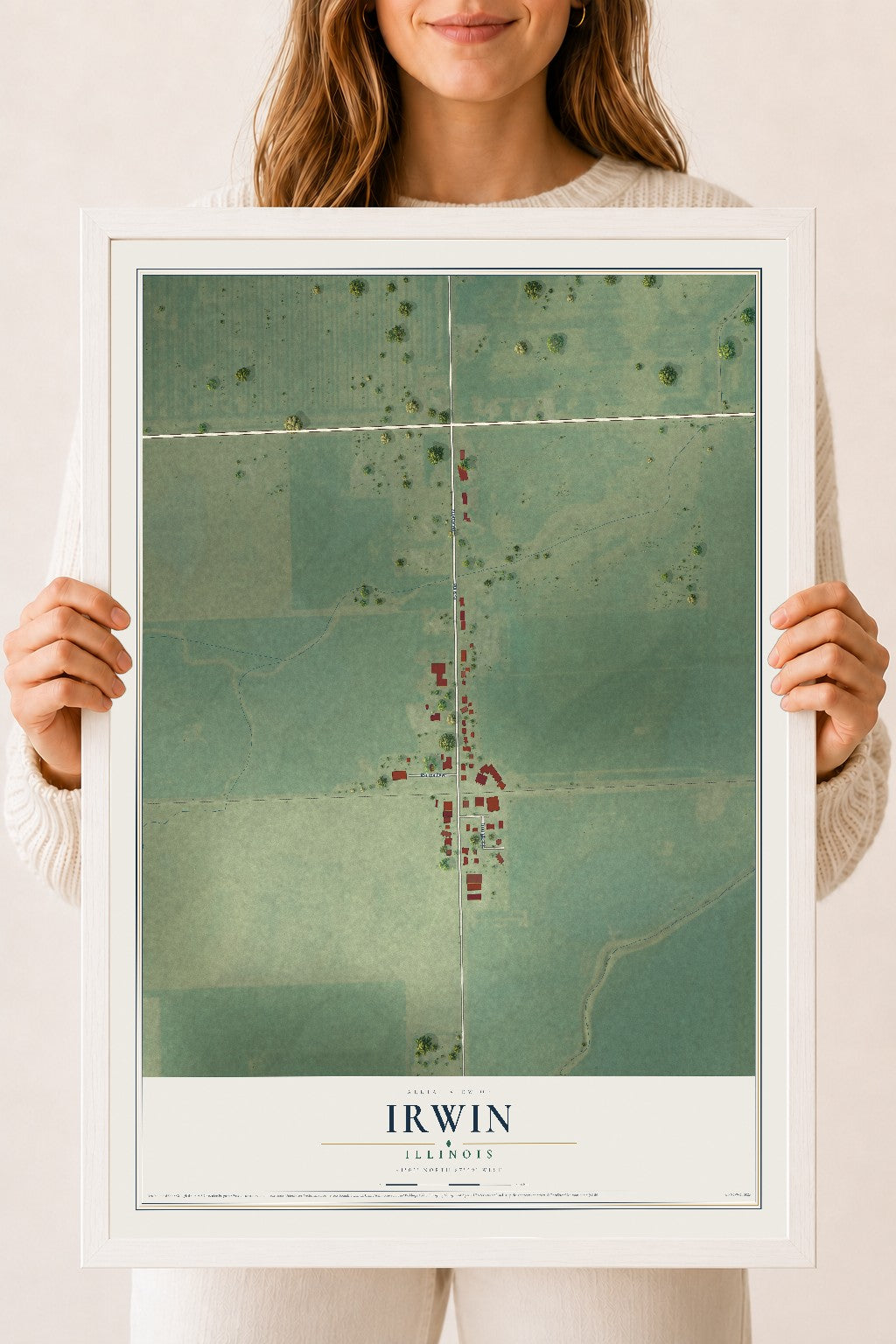 Map of Irwin, Illinois, 18 x 24 inch print in a white wood frame