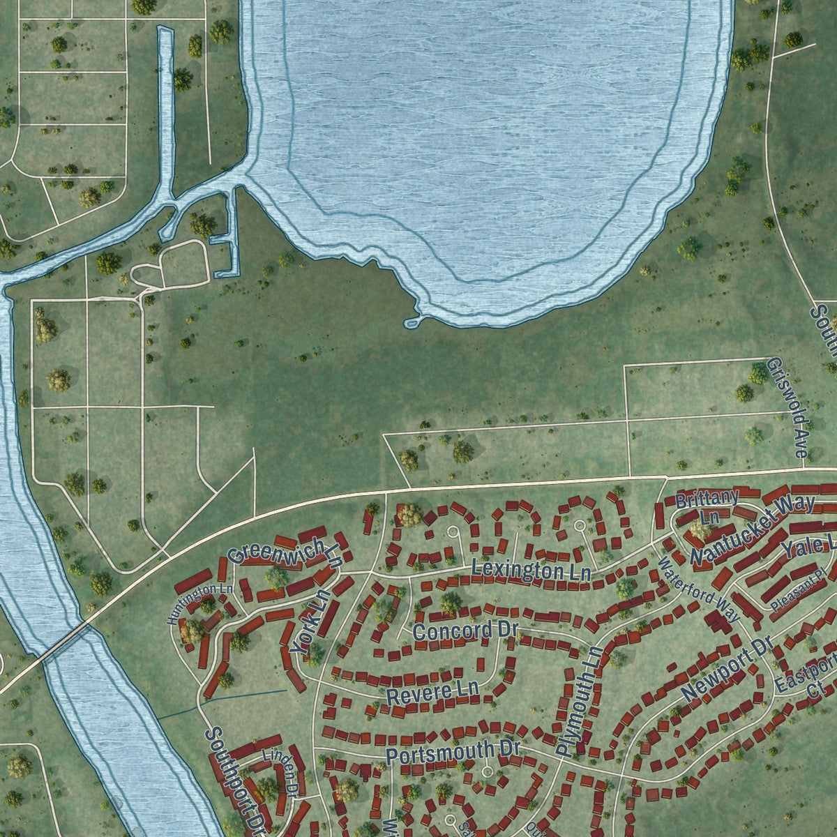 Second close-up of the map of Island Lake, Illinois print showing more streets and buildings