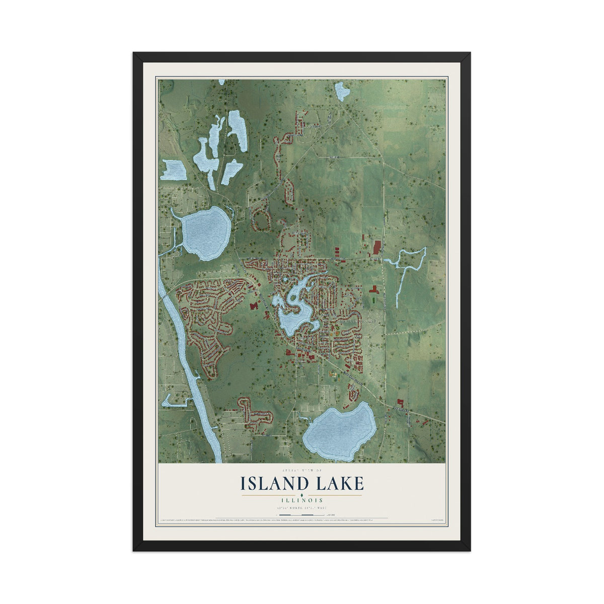 Map of Island Lake, Illinois, 12 x 18 inch print in a black wood frame