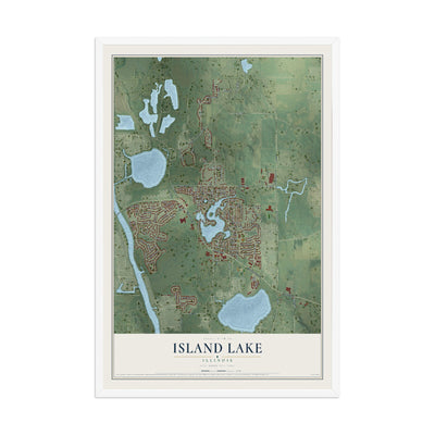 Map of Island Lake, Illinois, 12 x 18 inch print in a white wood frame