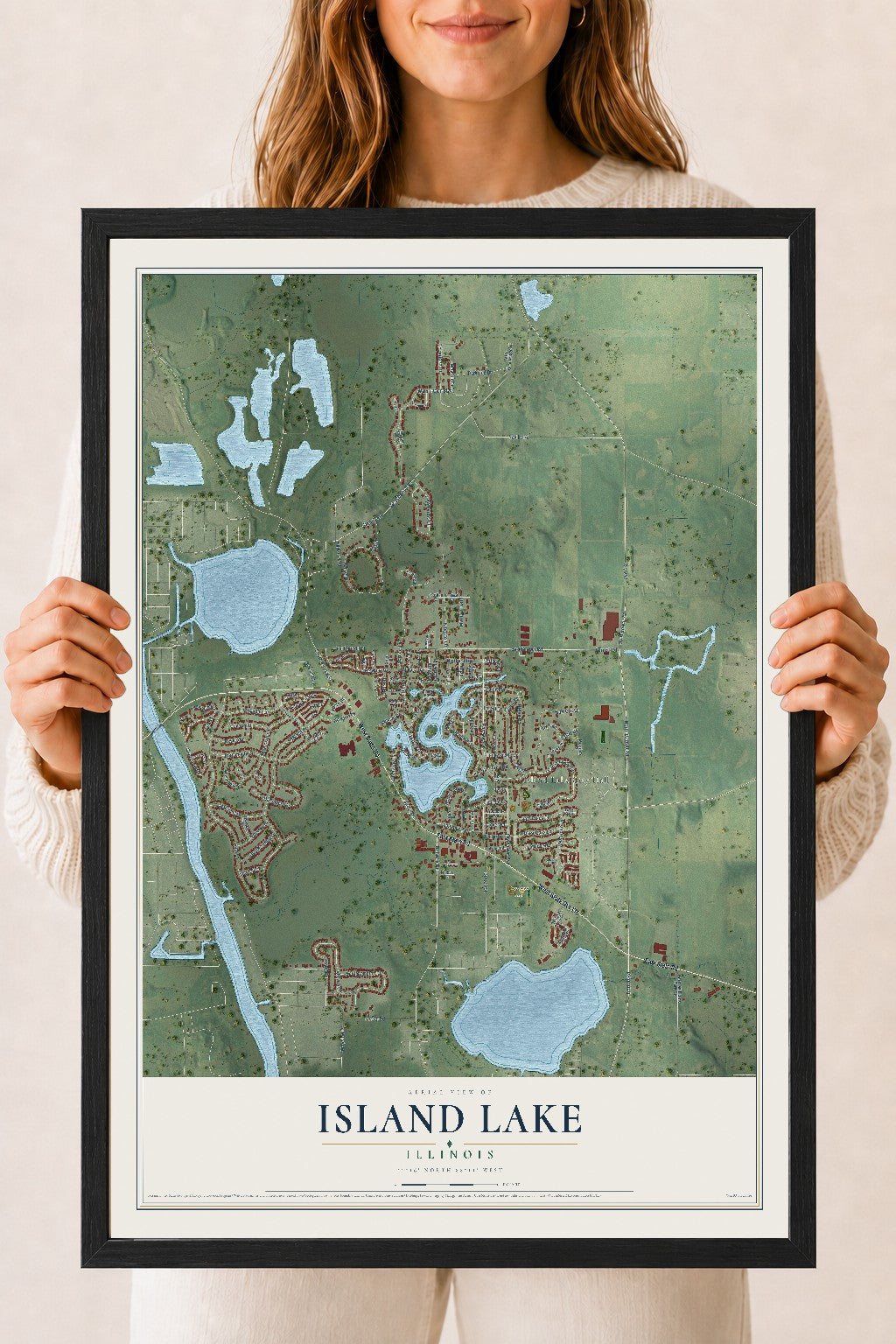 Map of Island Lake, Illinois, 18 x 24 inch print in a black wood frame