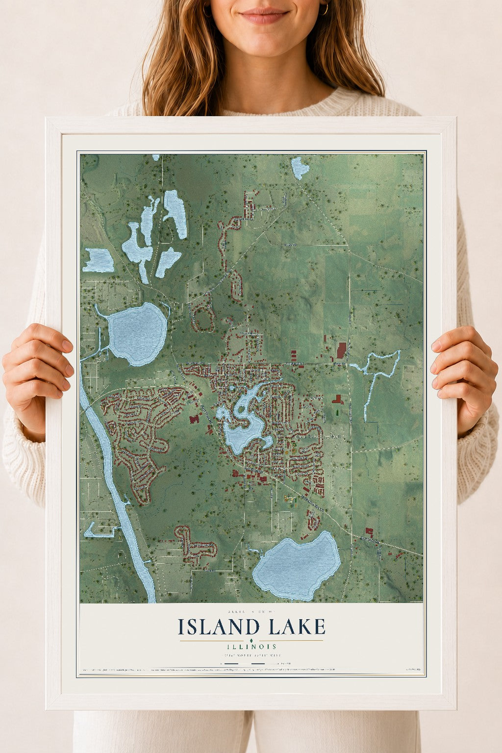 Map of Island Lake, Illinois, 18 x 24 inch print in a white wood frame