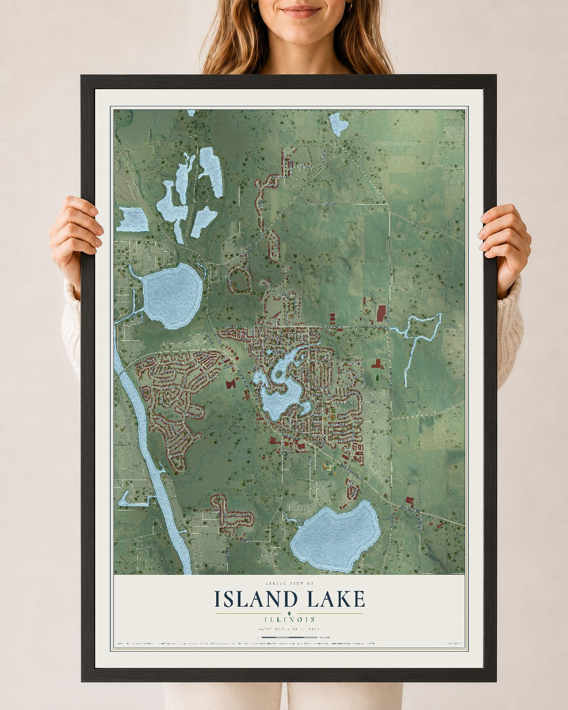 Map of Island Lake, Illinois, 24 x 36 inch print in a black wood frame