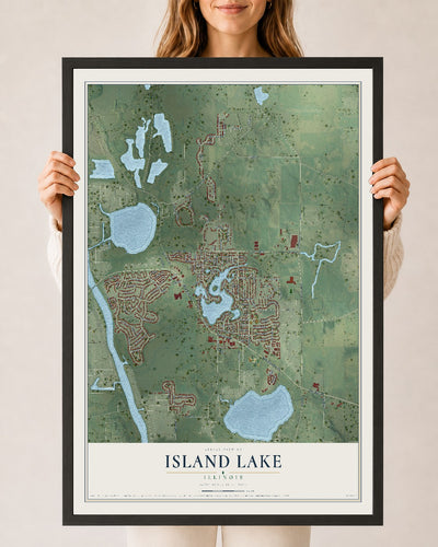 Map of Island Lake, Illinois, 24 x 36 inch print in a black wood frame