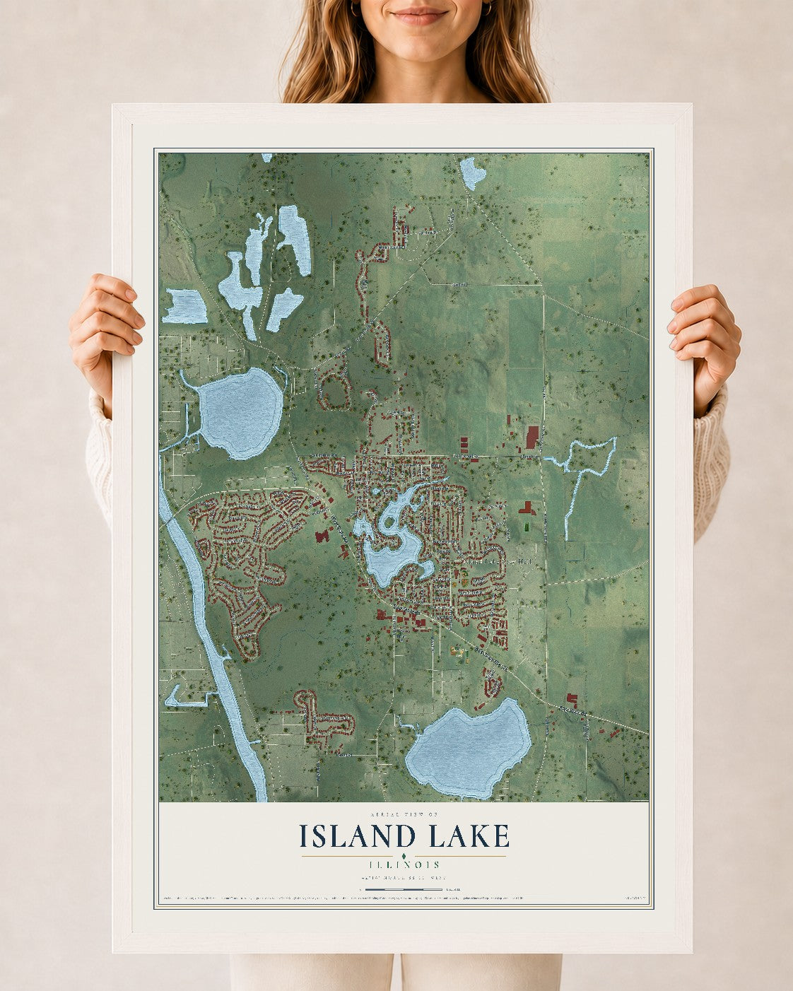 Map of Island Lake, Illinois, 24 x 36 inch print in a white wood frame