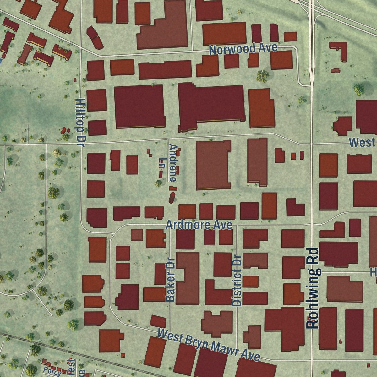 Second close-up of the map of Itasca, Illinois print showing more streets and buildings