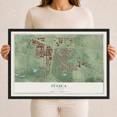 Map of Itasca, Illinois, 12 x 18 inch print in a black wood frame
