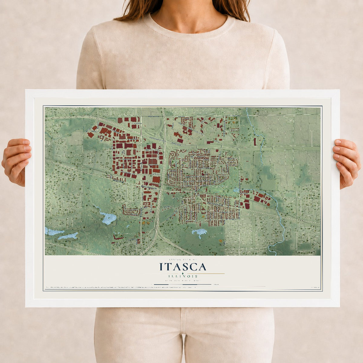 Map of Itasca, Illinois, 12 x 18 inch print in a white wood frame