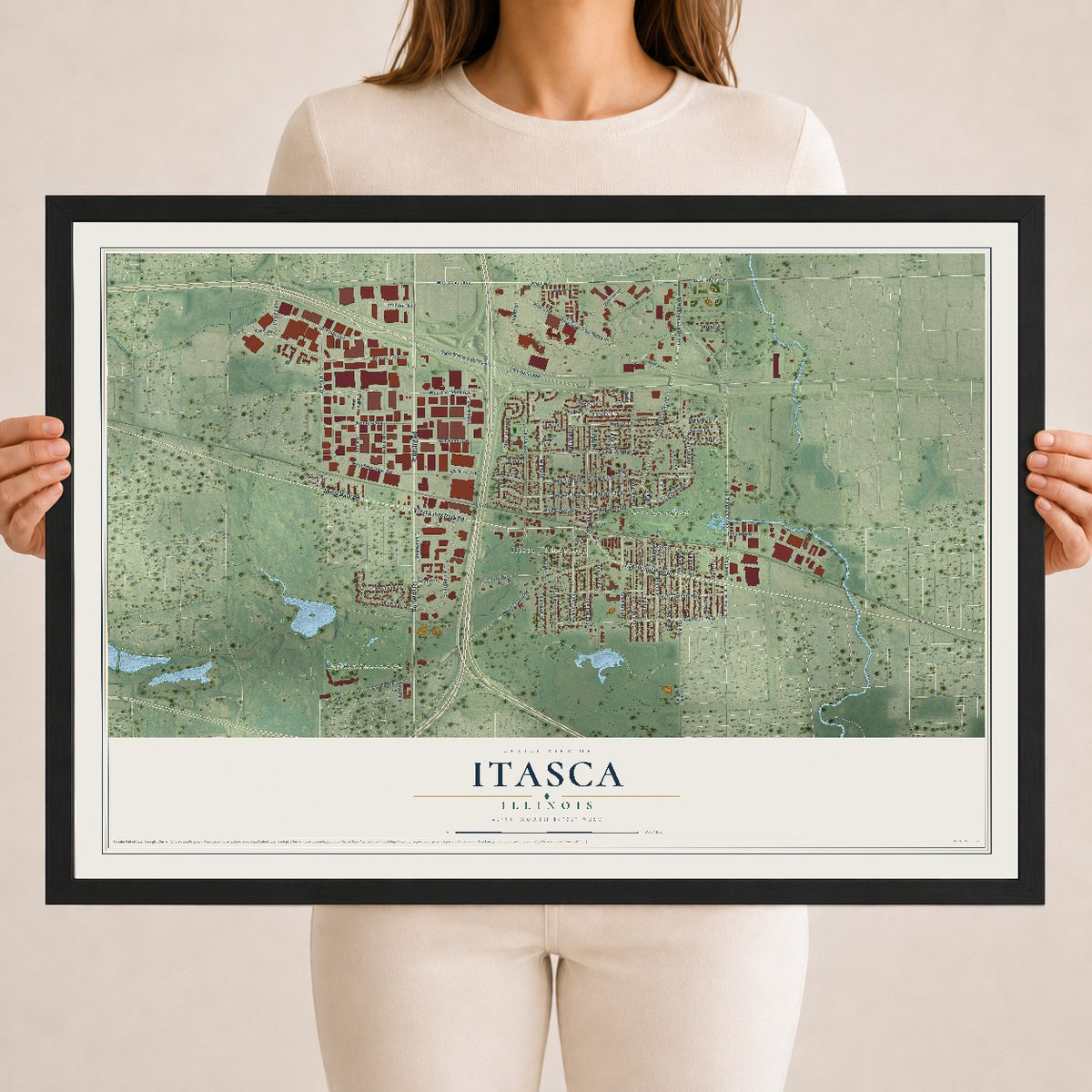 Map of Itasca, Illinois, 18 x 24 inch print in a black wood frame