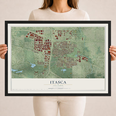 Map of Itasca, Illinois, 18 x 24 inch print in a black wood frame