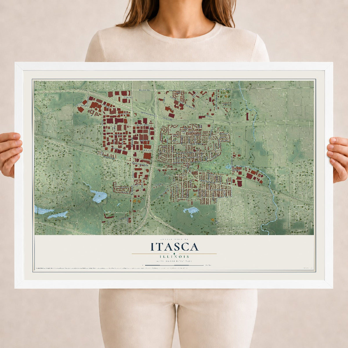 Map of Itasca, Illinois, 18 x 24 inch print in a white wood frame