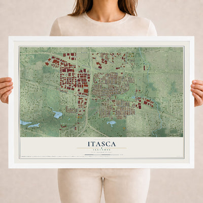 Map of Itasca, Illinois, 18 x 24 inch print in a white wood frame