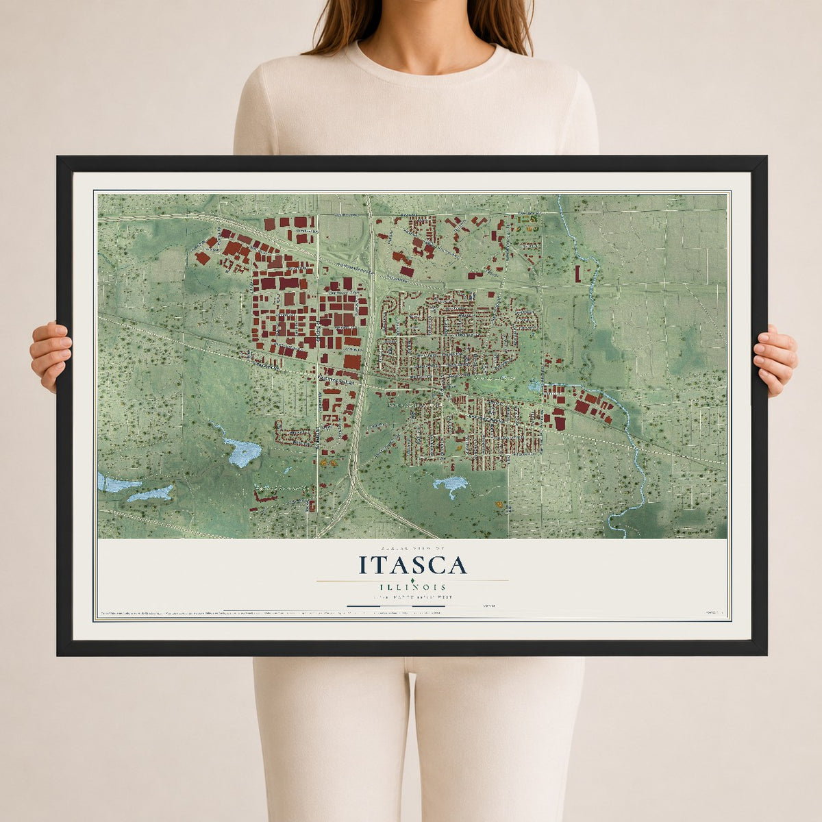 Map of Itasca, Illinois, 24 x 36 inch print in a black wood frame
