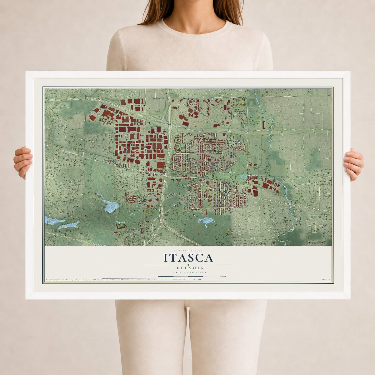 Map of Itasca, Illinois, 24 x 36 inch print in a white wood frame