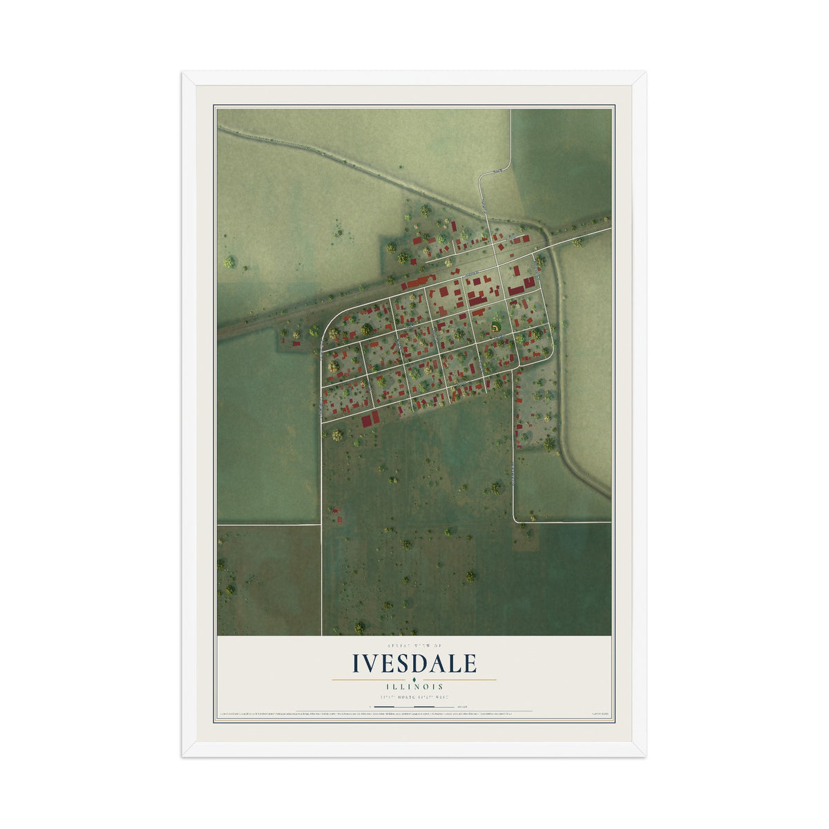 Map of Ivesdale, Illinois, 12 x 18 inch print in a white wood frame