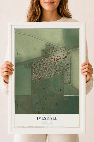 Map of Ivesdale, Illinois, 18 x 24 inch print in a white wood frame