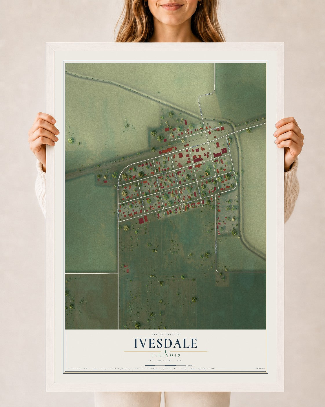 Map of Ivesdale, Illinois, 24 x 36 inch print in a white wood frame