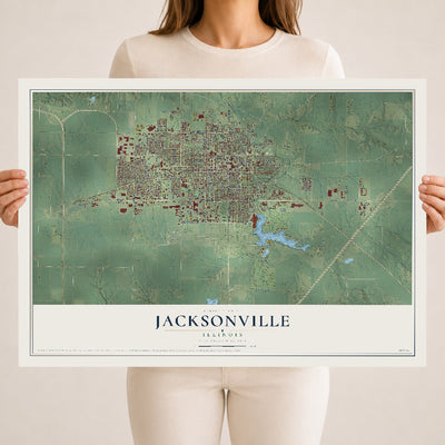 Map of Jacksonville, Illinois, 18 x 24 inch unframed archival matte print