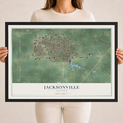 Map of Jacksonville, Illinois, 18 x 24 inch print in a black wood frame