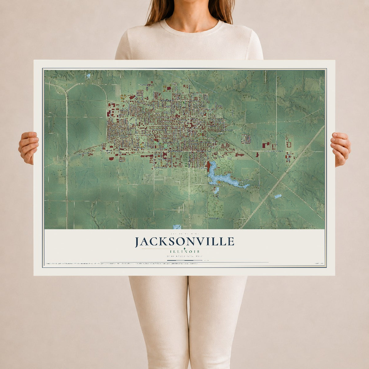 Map of Jacksonville, Illinois, 24 x 36 inch unframed archival matte print