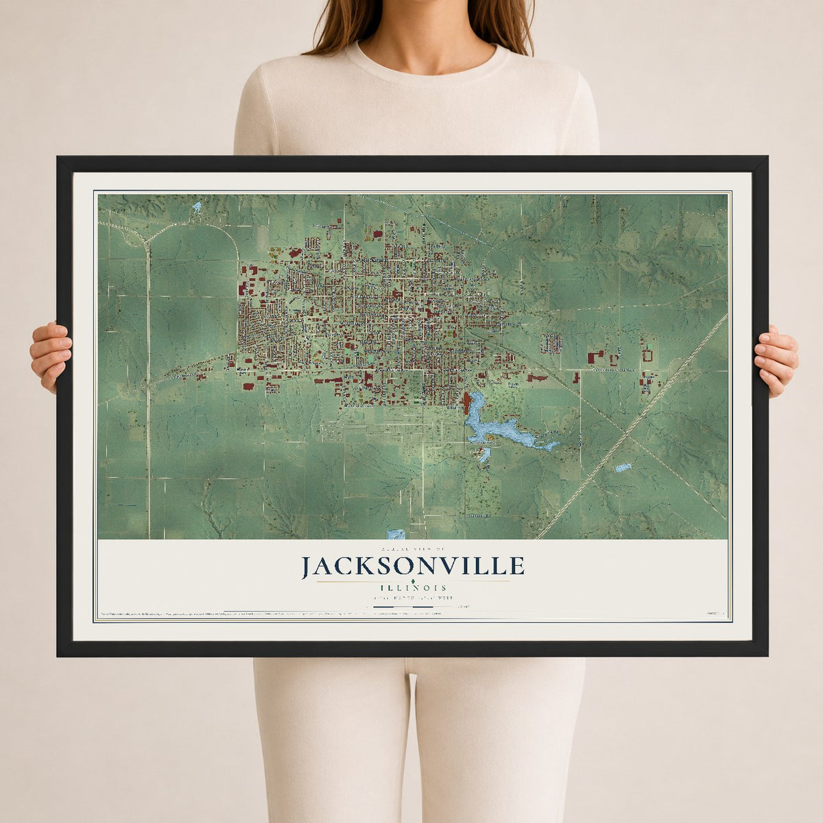 Map of Jacksonville, Illinois, 24 x 36 inch print in a black wood frame